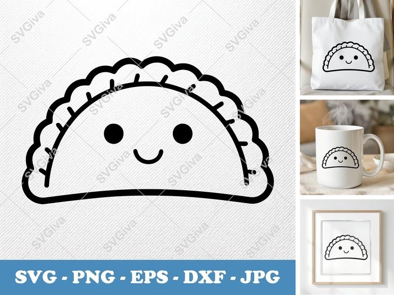 Empanada with Smiling Face SVG | Double-Outline Geometric Vector | Thick & Thin Lines, Low Detail | PNG DXF EPS | Cricut Silhouette File