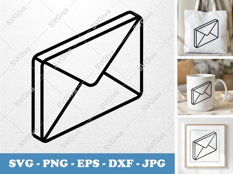 Envelope isometric angle SVG | Double Outline Mail Icon, Clean Line Art PNG EPS DXF for Cricut, Silhouette
