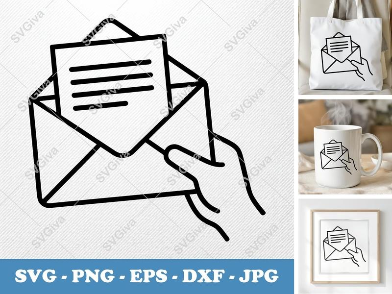 Envelope SVG | Hand Holding Mail, Open Letter Line Art | PNG EPS DXF for Cricut & Silhouette, Modern Communication Icon