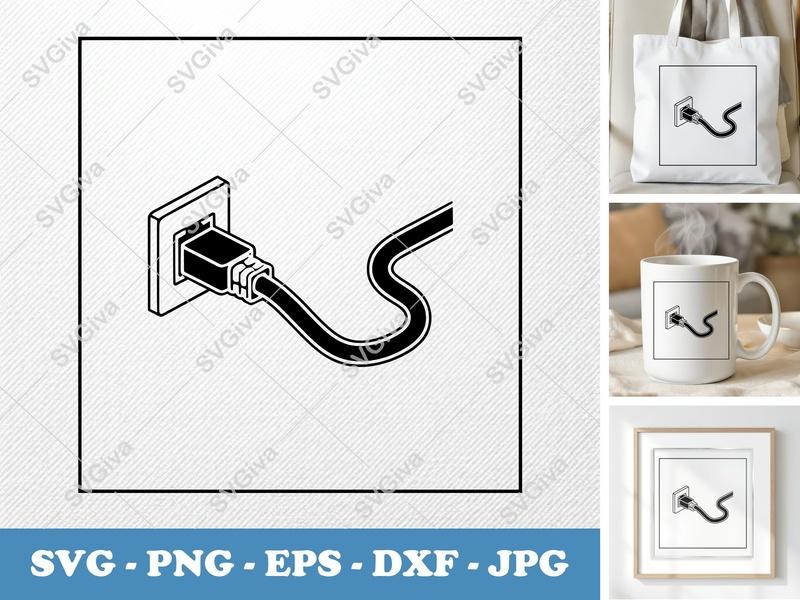 Ethernet Cable in active use SVG | Plugged-in Outlet Icon, Double Outline Style | PNG EPS DXF for Cricut Silhouette