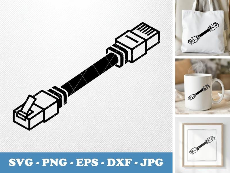 Ethernet Cable isometric angle SVG | Bold Line Art, Network Cable Cut File | PNG EPS DXF for Cricut & Silhouette