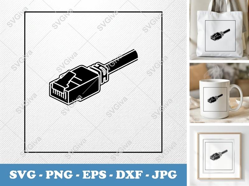 Ethernet Cable isometric angle SVG | Double Outline Cut File, Network Plug Icon PNG EPS DXF for Cricut, Silhouette