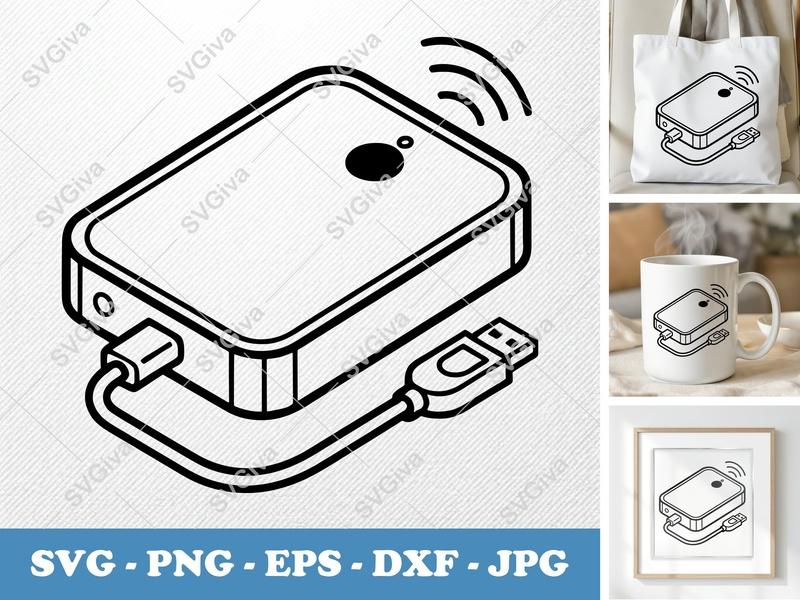 External Hard Drive SVG, Modern Clean Design with USB Cable and Wifi Symbol | PNG EPS DXF for Cricut Silhouette