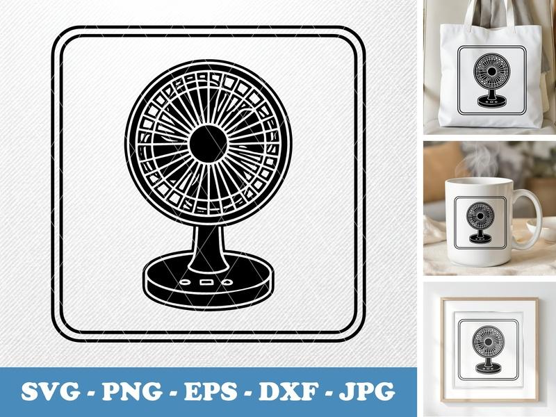 Fan classic svg icon | Desk Fan Clipart, Solid Black Fill, White Contour Line | SVG PNG EPS DXF for Cricut Silhouette