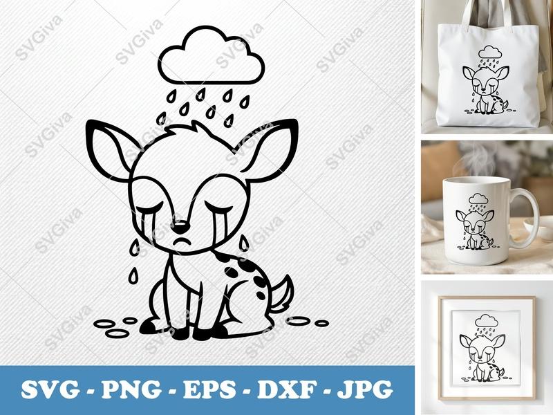 Fawn Crying SVG PNG DXF EPS | Sad Deer Cut File for Cricut Silhouette | Animal Vector Art