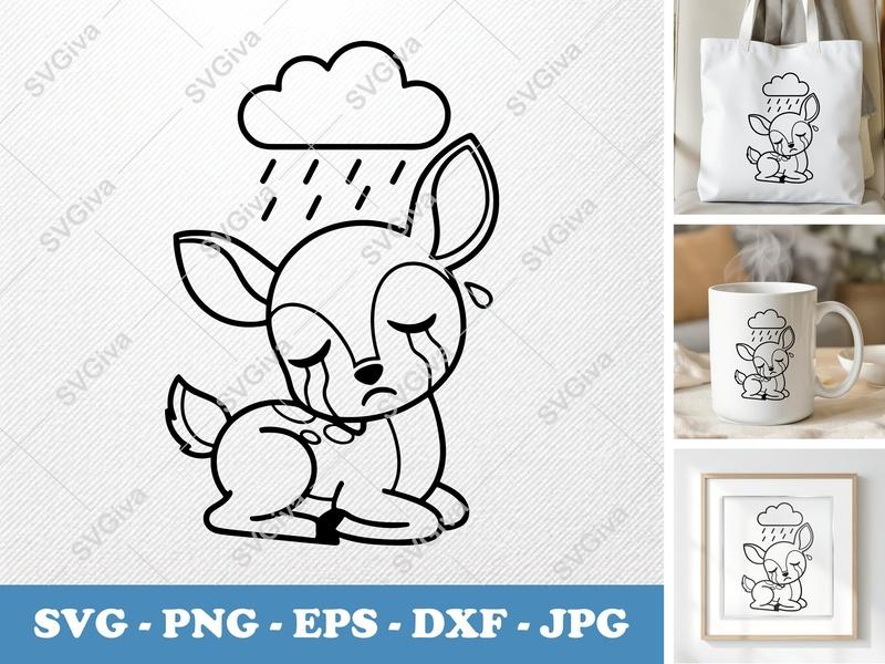 Fawn Crying SVG | Rain Cloud PNG EPS DXF | Cute Sad Deer Cut File for Cricut Silhouette