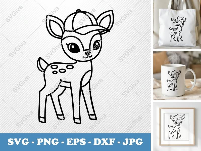 Fawn in a Cap SVG | Double-Outline Minimalist Cut File | Thick Contour, Clean Balance | PNG DXF EPS for Cricut Silhouette