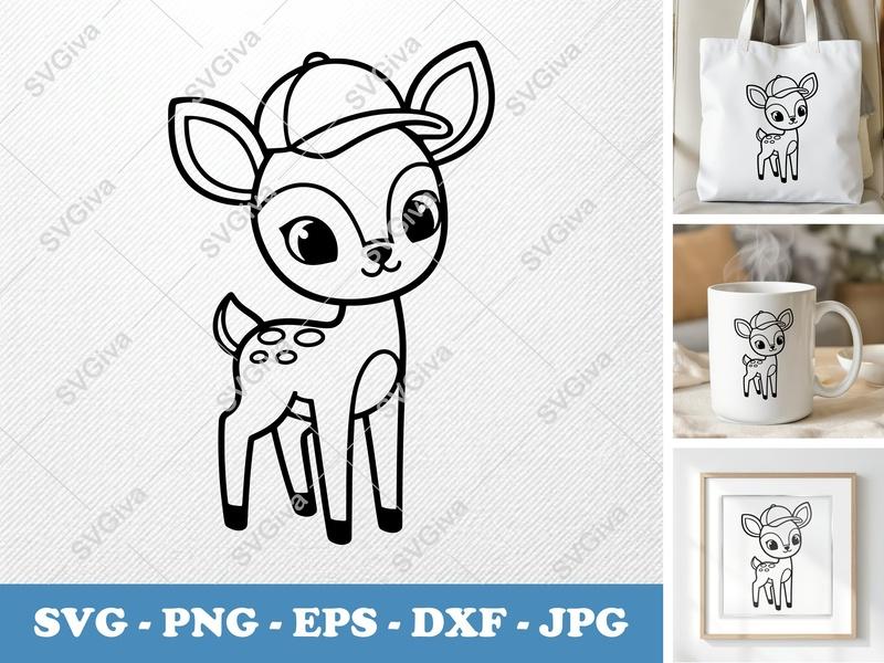Fawn in a Cap SVG | Friendly Rounded Cartoon Style | PNG DXF EPS | Cricut Silhouette Cut File