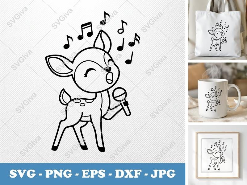 Fawn Singing SVG, Cute Deer with Microphone, Music Notes | PNG EPS DXF | Cricut Silhouette Cut File