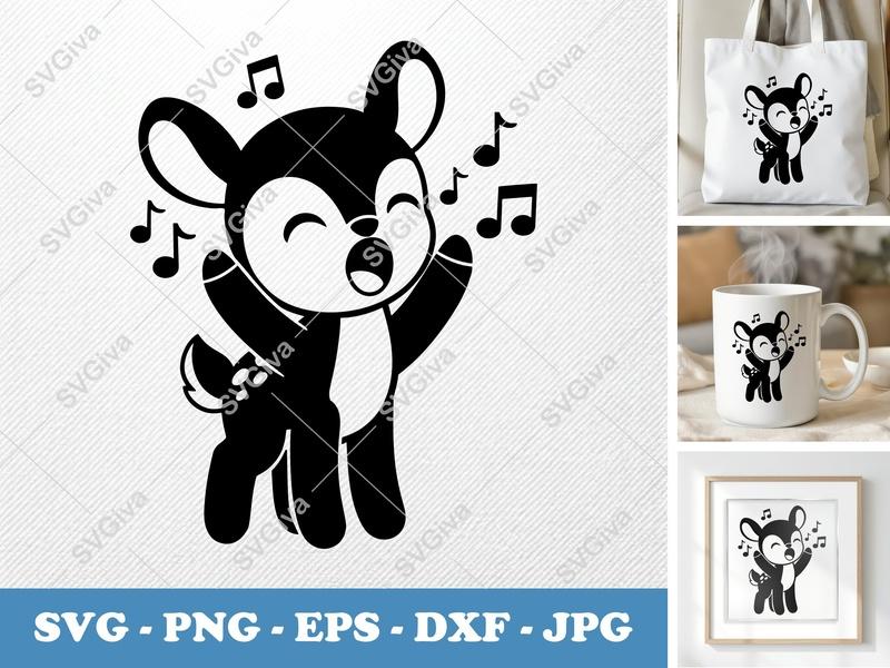 Fawn Singing SVG | Musical Baby Deer PNG, EPS, DXF | Cute Animal Cut File for Cricut, Silhouette