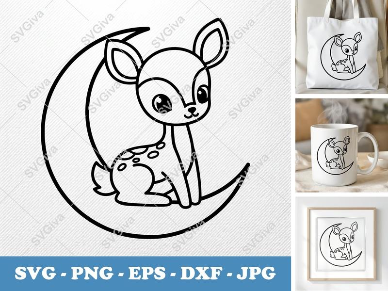 Fawn Sitting Moon SVG | Rounded Bean-Shaped Cut File | Friendly Deer PNG DXF EPS for Cricut Silhouette