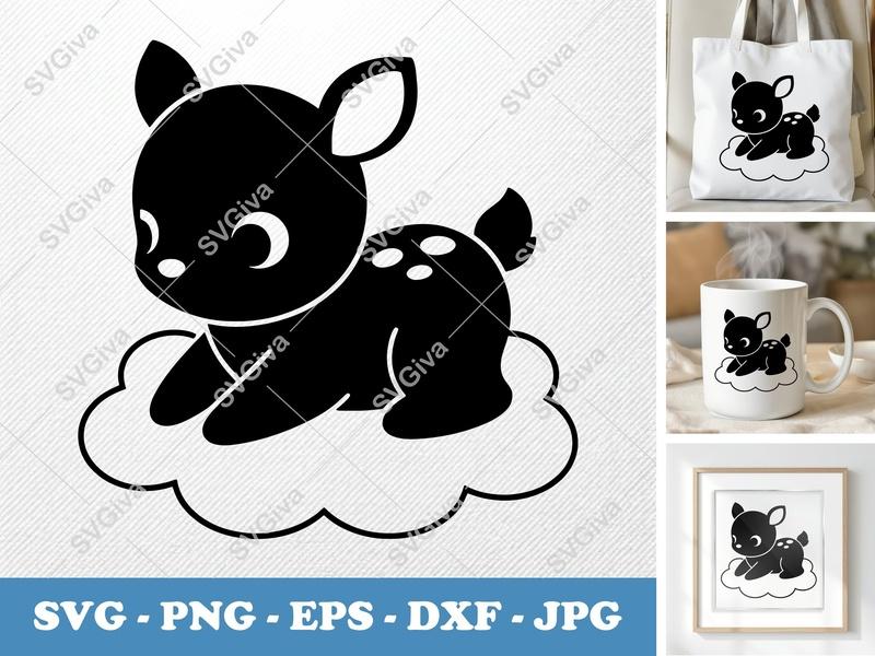 Fawn Sitting on a Cloud SVG PNG DXF EPS | Baby Deer Cut File Cricut Silhouette Nursery Decor