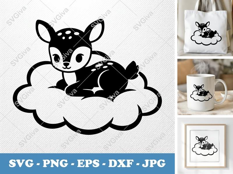 Fawn Sitting on a Cloud SVG | Puffy Cartoon Design | PNG DXF EPS | Cricut Silhouette File