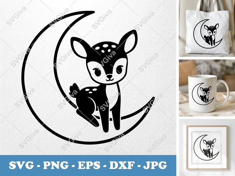 Fawn Sitting on Moon SVG | Puffy Shapes, No Sharp Corners | PNG DXF EPS | Cricut Silhouette File