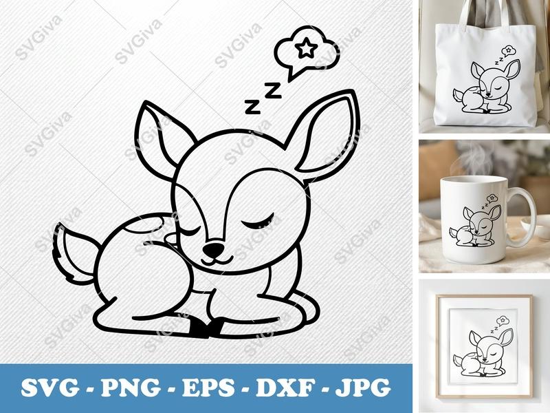 Fawn Sleeping SVG | Cute Baby Deer Dream Clipart | PNG EPS DXF for Cricut, Silhouette