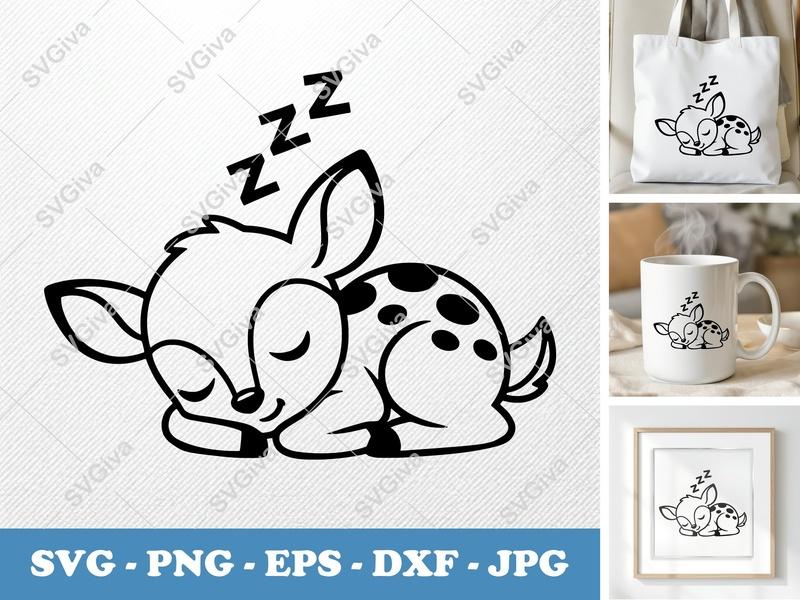 Fawn Sleeping SVG, PNG, DXF, EPS | Deer Cut File for Cricut Silhouette Nursery Decor