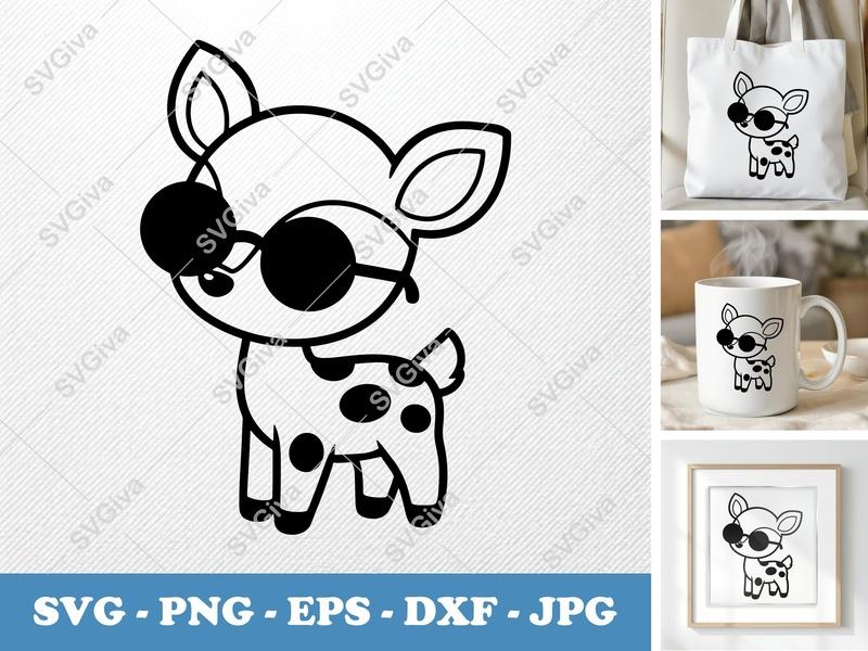 Fawn SVG, Adorable Deer with Sunglasses | PNG EPS DXF | Cricut Silhouette Cut File, Cute Animal Vector Clipart