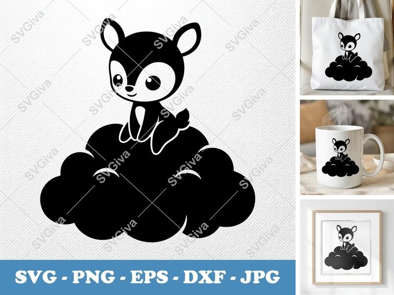 Fawn SVG Baby Deer on Cloud, Cute Animal Cut File for Cricut & Silhouette, PNG EPS DXF Vector Clipart