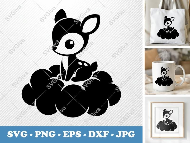 Fawn SVG, Baby Deer on Cloud, Cute Nursery Animal | PNG EPS DXF | Cricut Silhouette File