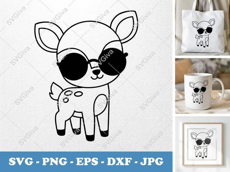 Fawn SVG, Cool Deer with Sunglasses, Modern Clean Line Art | PNG EPS DXF | Cricut Silhouette File