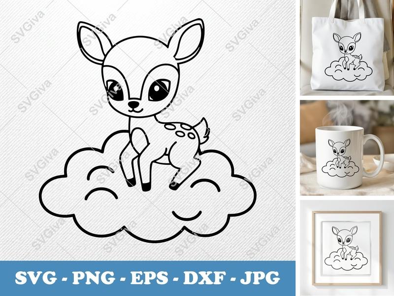 Fawn SVG, Cute Baby Deer on Cloud, Digital Cut File for Cricut | Silhouette, PNG EPS DXF Vector Clipart
