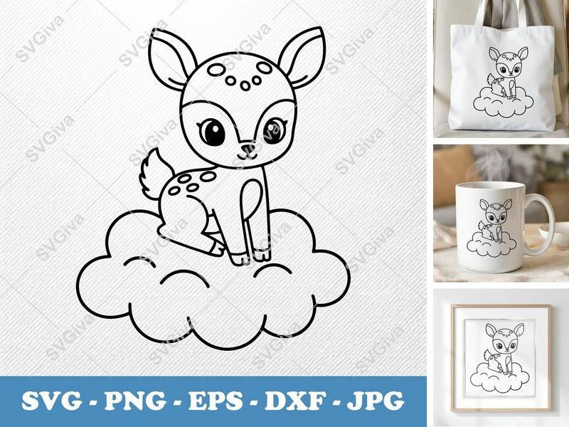 Fawn SVG, Cute Baby Deer on Cloud, Kawaii Animal Art | PNG EPS DXF | Cricut Silhouette Cut File