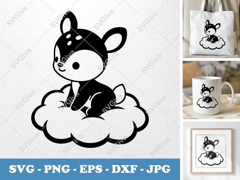 Fawn SVG, Cute Baby Deer on Cloud, Kawaii Animal Art | PNG EPS DXF | Cricut Silhouette File Instant Download