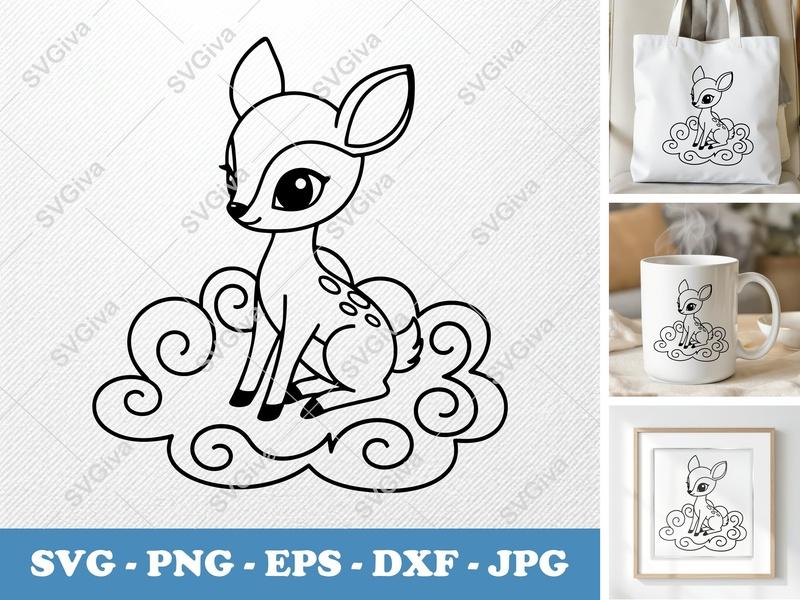 Fawn SVG | Cute Baby Deer on Cloud | Modern Clean Design | PNG EPS DXF for Cricut & Silhouette