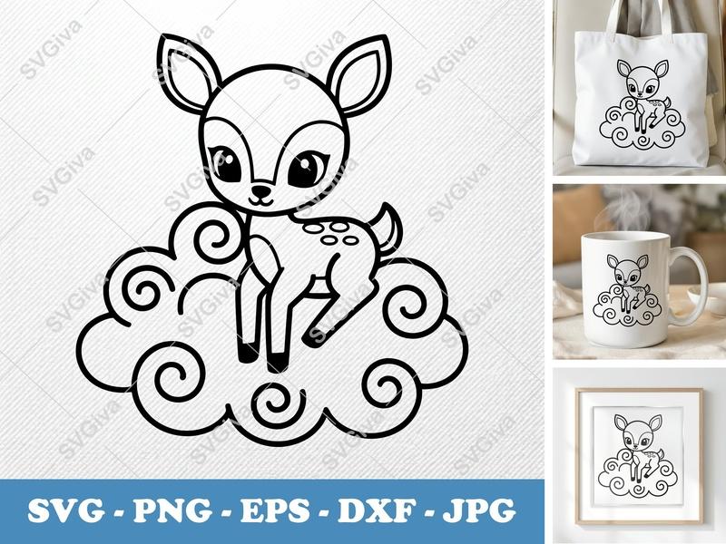 Fawn SVG | Cute Baby Deer on Cloud | Modern Outline Animal | PNG EPS DXF for Cricut, Silhouette