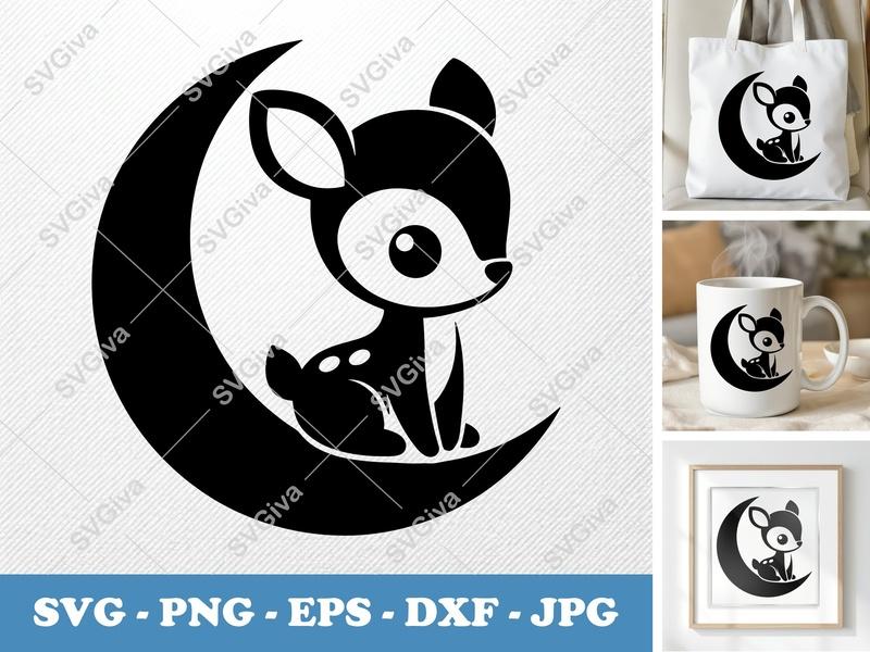 Fawn SVG, Cute Baby Deer on Moon, Cricut Silhouette Cut File, Nursery Decor, PNG EPS DXF Vector Clipart