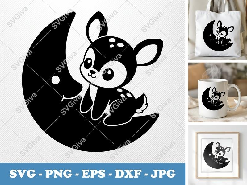 Fawn SVG, Cute Baby Deer on Moon | Modern Clean Nursery Art, Cricut Silhouette Cut File | PNG EPS DXF Vector