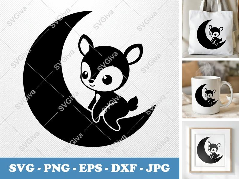 Fawn SVG, Cute Baby Deer on Moon, Nursery Art, PNG EPS DXF | Cricut & Silhouette Cut File, Animal Clipart