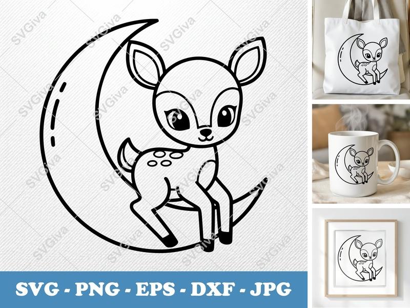 Fawn SVG, Cute Baby Deer on Moon, Outline Vector Art | PNG EPS DXF | Cricut Silhouette File
