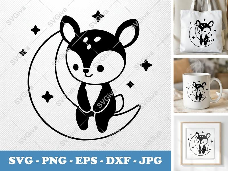 Fawn SVG, Cute Baby Deer on Moon with Stars, PNG EPS DXF | Cricut Silhouette File, Nursery Decor, Animal Clipart