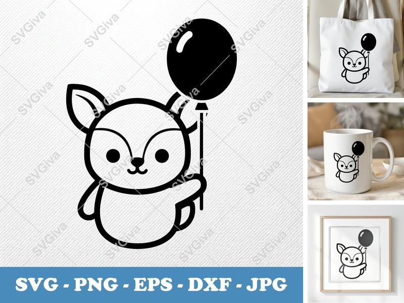 Fawn SVG, Cute Baby Deer with Balloon, Modern Clean Design | PNG EPS DXF | Cricut & Silhouette Cut File