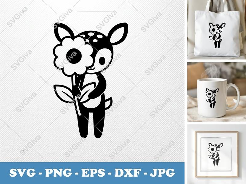 Fawn SVG | Cute Baby Deer with Flower | Animal Clipart, Digital Download | PNG EPS DXF for Cricut Silhouette