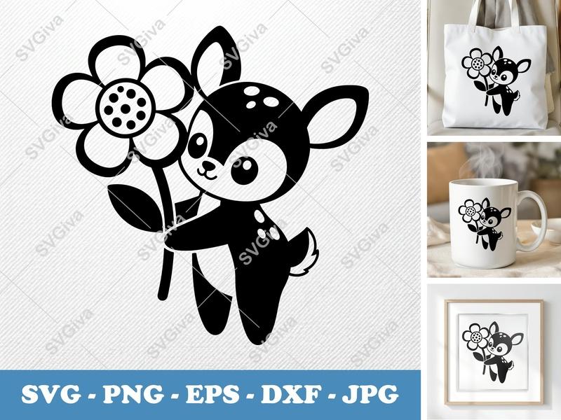 Fawn SVG, Cute Baby Deer with Flower, Animal Clipart, PNG, EPS, DXF for Cricut & Silhouette, Digital Download