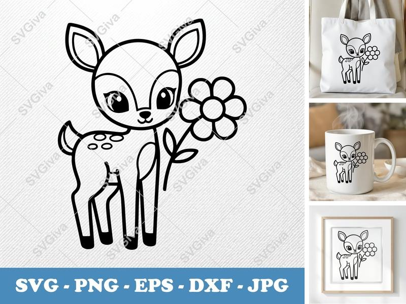 Fawn SVG | Cute Baby Deer with Flower | Animal Cut File for Cricut, Silhouette | PNG, EPS, DXF | Modern Design