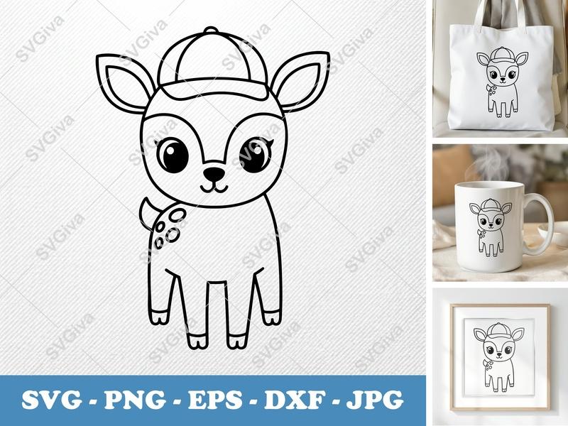 Fawn SVG | Cute Baby Deer with Hat, Kawaii Animal Cut File | PNG EPS DXF for Cricut, Silhouette | Modern Kids Craft Design