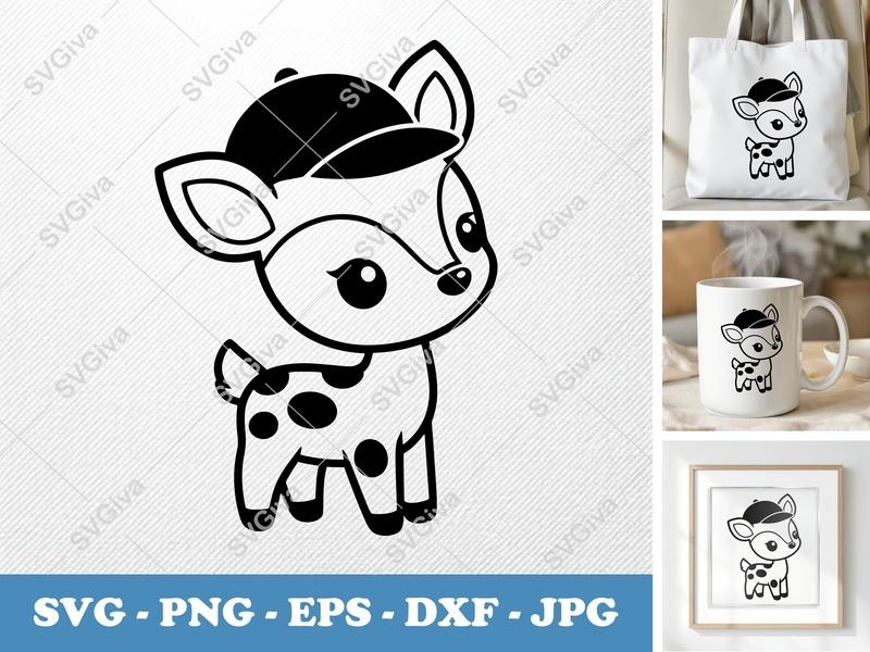 Fawn SVG, Cute Baby Deer with Hat, Spotted Animal | PNG EPS DXF | Cricut Silhouette Cut File
