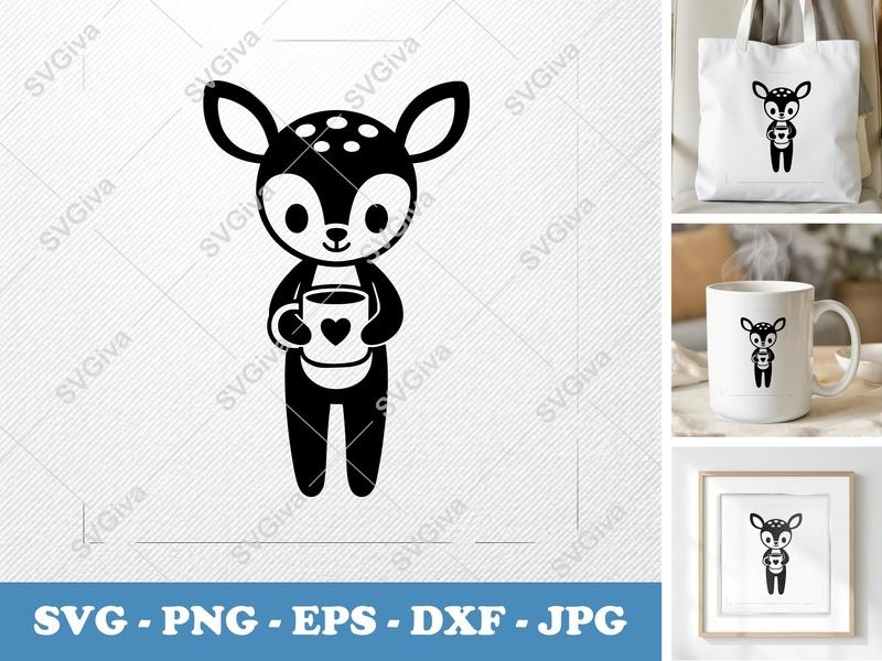 Fawn SVG Cute Coffee Mug | Deer Cut File, Baby Animal PNG EPS DXF for Cricut, Silhouette, Nursery Decor, Modern Clean Design