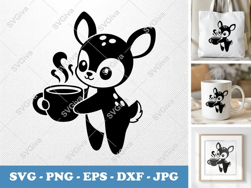Fawn SVG, Cute Deer with Coffee Mug, Modern Animal Clipart, PNG EPS DXF for Cricut & Silhouette, Digital Download