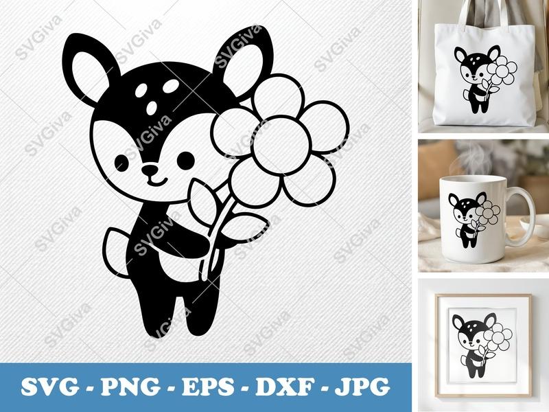 Fawn SVG, Cute Deer with Flower, Baby Animal Clipart, Modern Clean Design | PNG EPS DXF for Cricut, Silhouette