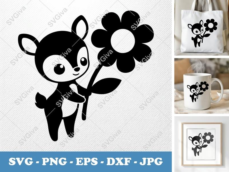 Fawn SVG Cute Deer with Flower, Baby Animal Design | Cricut, Silhouette Cut File | PNG, EPS, DXF Included