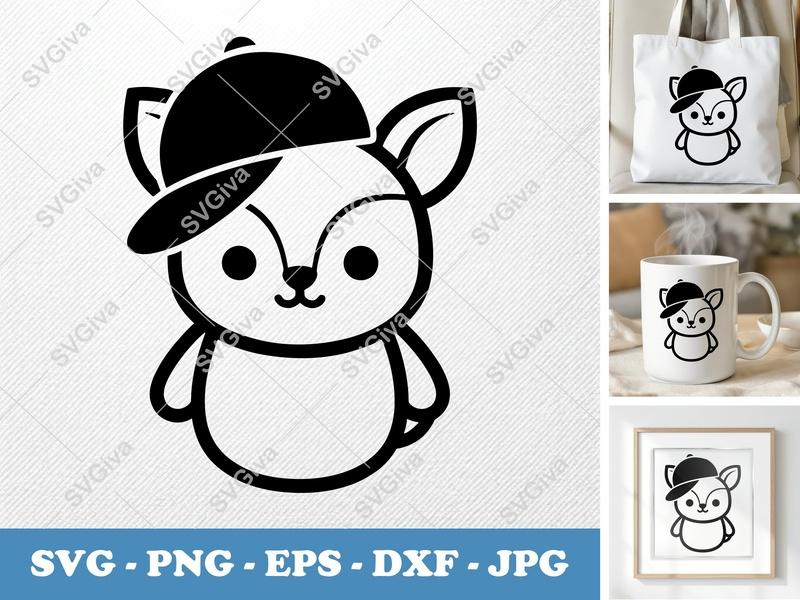 Fawn SVG, Cute Deer with Hat Cut File, Modern Baby Animal, Cricut & Silhouette, PNG EPS DXF | Nursery Decor