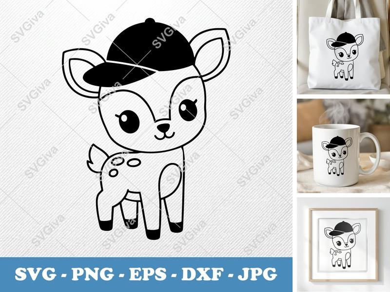 Fawn SVG, Cute Deer with Hat, Kawaii Animal Cut File for Cricut, Silhouette, PNG, EPS, DXF, Baby Shower Art