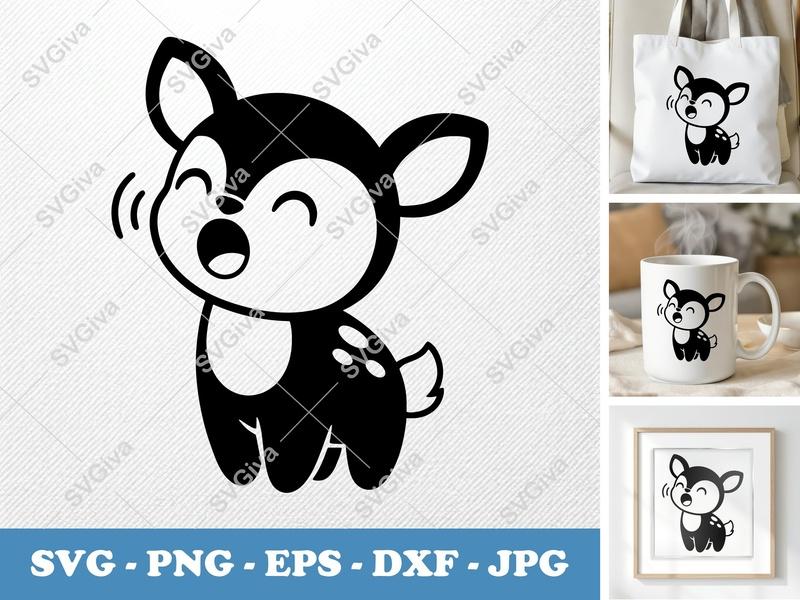 Fawn SVG Cute Singing Deer, Baby Animal Cut File, Modern Woodland Creature, PNG EPS DXF for Cricut, Silhouette