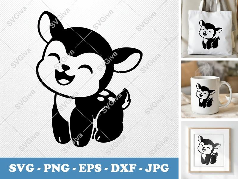 Fawn SVG, Happy Baby Deer Cut File, Cute Animal Clipart, Modern Design | PNG EPS DXF for Cricut, Silhouette