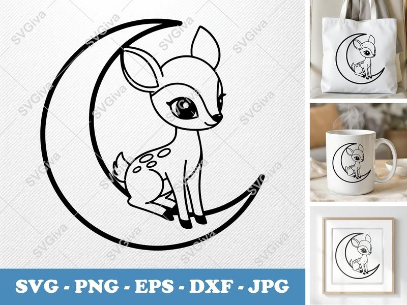 Fawn SVG | Moon Cute Deer Vector | Baby Animal PNG EPS DXF | Cricut Silhouette File