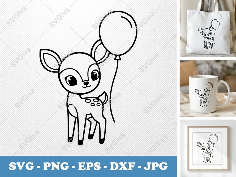 Fawn SVG with Balloon, Cute Baby Deer Cut File, PNG EPS DXF for Cricut & Silhouette, Nursery Decor Clipart
